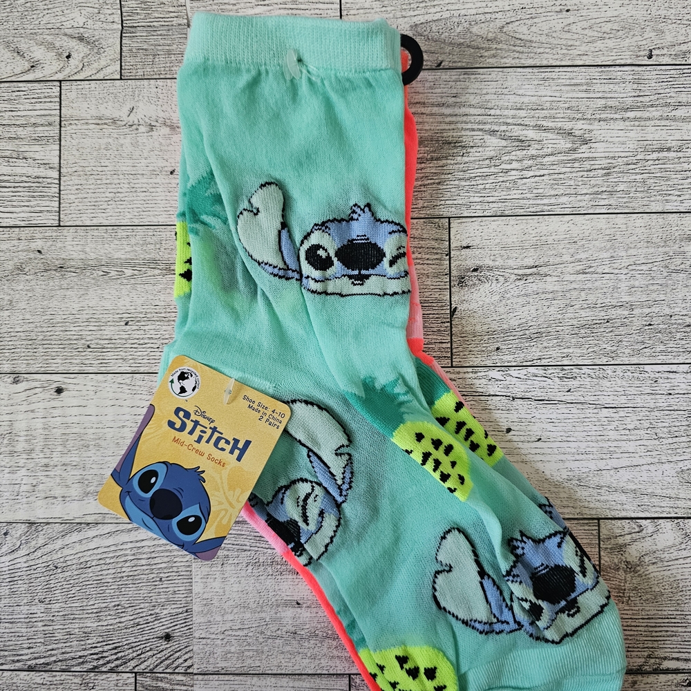 Disney Womens  Stitch Aqua and Neon Socks, Mid Crew Size 4-10, 2 Pairs Per Pack